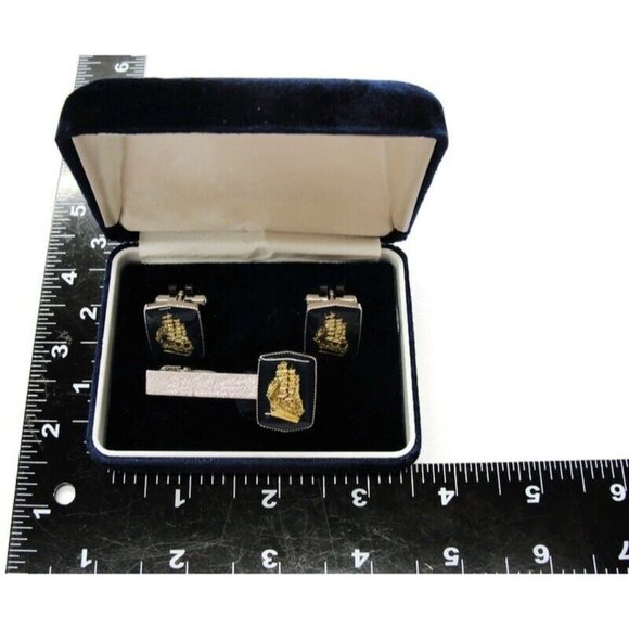 Gold Tone Ships Cufflinks & Neck Tie Clip Set Silver Tone Formal IOB Vintage - Picture 6 of 9